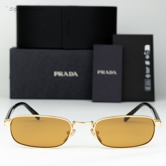 Prada Men Sunglasses Gold Honey Rectangle PRB54S 5AK50P NEW AUTHENTIC - Picture 1 of 13